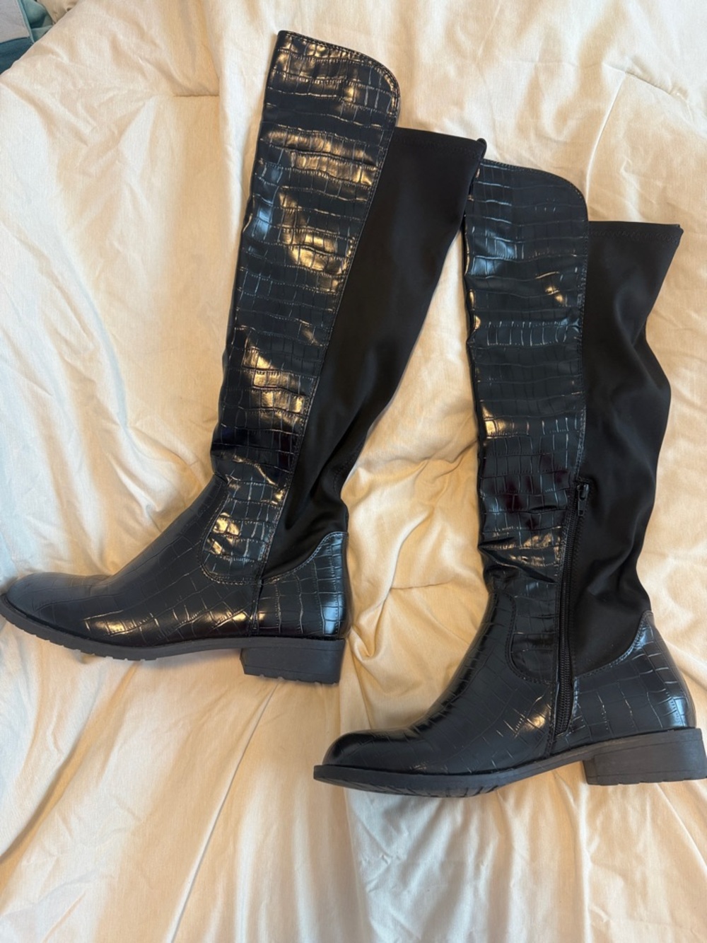 Boohoo Black Croc-Effect Over-the-Knee Boots